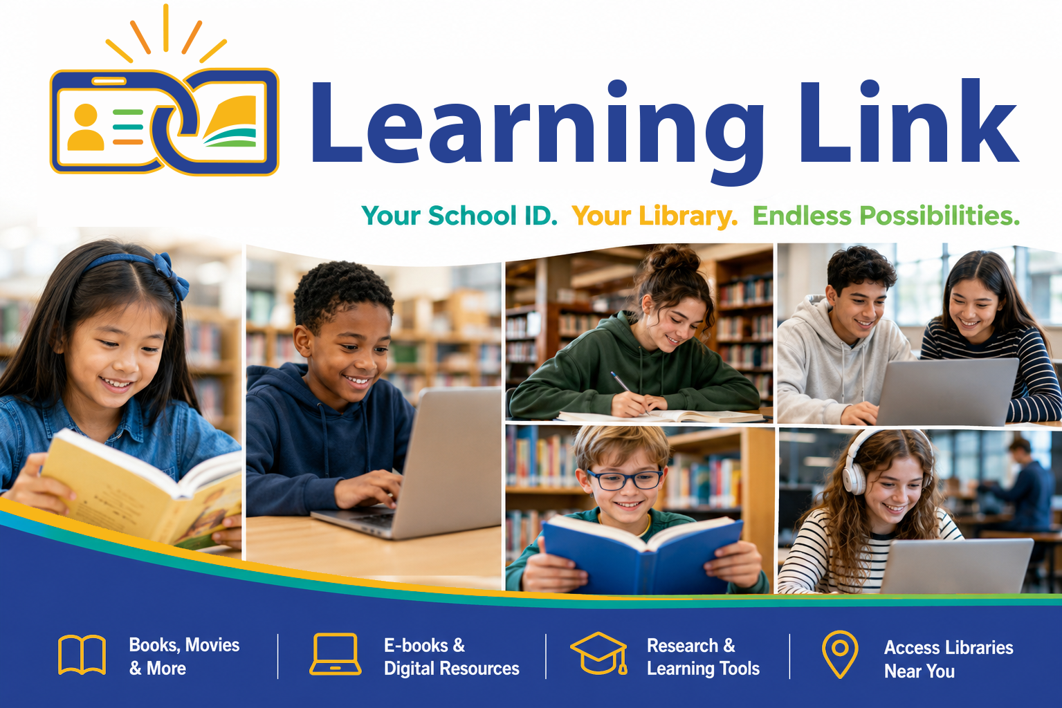 Learning Link Logo. A student ID and Half a book sit inside two chain links with bursts above. Transcribed text reads Learning Link. Variety of photos of diverse students using computers, studying, and reading books in libraries and classrooms.